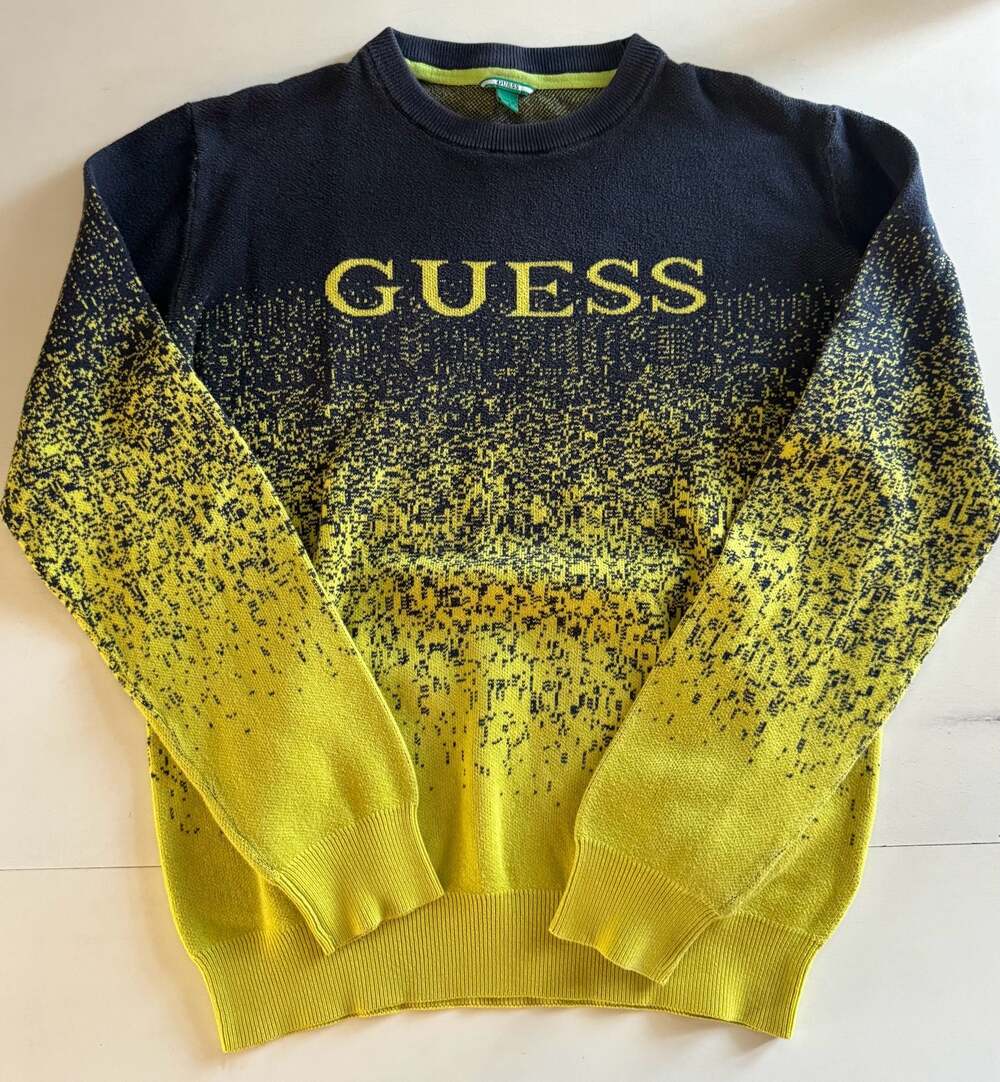 Guess Men's Blue and Yellow Ombre Fade Logo Knit Sweater Size Small
